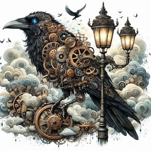 Steampunk Raven 10 haute résolution aquarelle JPGs journalisation indésirable, fabrication de cartes, téléchargement numérique, fantaisiste, fantastique, art numérique