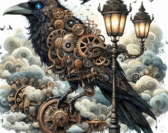 Steampunk Raven: 10 High Res Watercolor JPGs,  Junk Journaling, Card Making, Digital Download, Whimsical, Fantasy, Digital Art