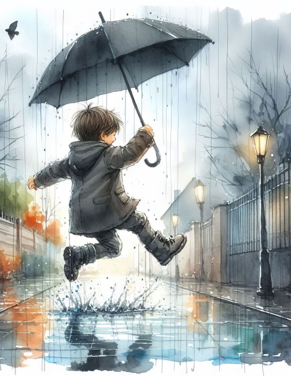 Little Boy Jumping in Puddles: Clip Art, 10 High Res Watercolor