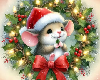 Christmas Mouse in Wreath: 10 High Res Watercolor JPGs, Junk Journaling, Scrapbooking, Card Making, Digital Art, Fantasy, Whimsical