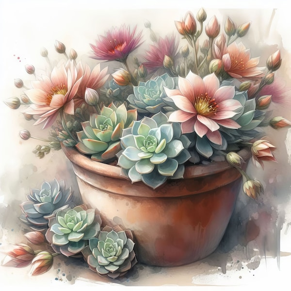 Blooming Succulents Clip Art 10 High Res Watercolor JPGs for Junk Journaling, Scrapbooking, Card Making, Digital Download Kit