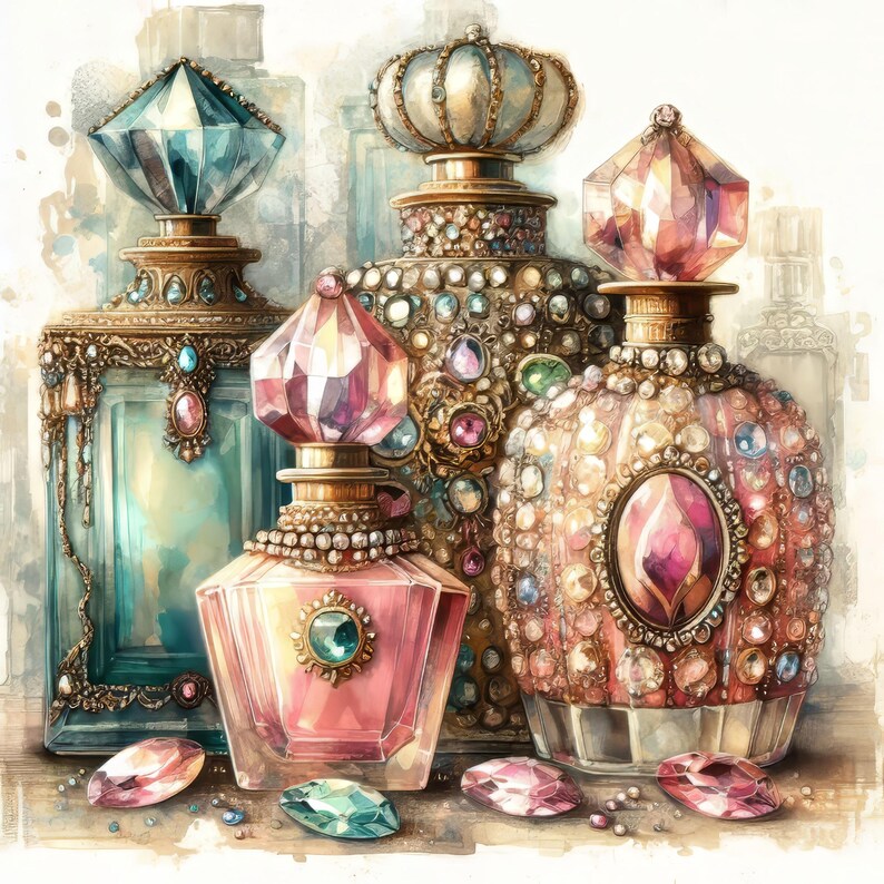 May include: Four ornate glass perfume bottles with jeweled stoppers and decorative details. The bottles are in various shades of blue, pink, and gold.
