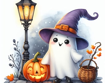 Whimsical Ghost: Clip Art, 10 High Res Watercolor JPGs, Junk Journaling, Card Making, Digital Art, Halloween, Whimsical