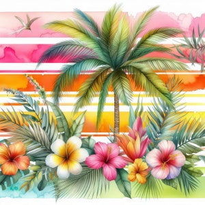 Miami Palme Clip Art 10 hochauflösende JPGs in Aquarellfarben für Junk Journaling, Scrapbooking, Kartenherstellung, Digital Download Kit