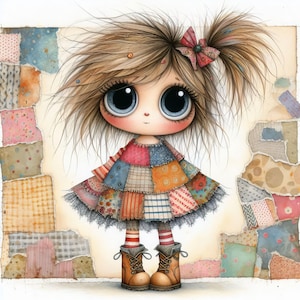 Pode incluir: Ilustração fantasiosa de uma boneca com grandes olhos azuis e cabelo castanho desgrenhado. A boneca usa um vestido de retalhos com acabamento em renda preta, meias listradas e botas marrons. Um laço rosa adorna seu cabelo. O fundo apresenta uma colagem de retalhos de tecido.