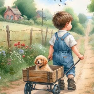 Paquete de 10 imágenes prediseñadas de niño pequeño con perro, acuarela de alta resolución, archivos JPG, diario basura, álbumes de recortes, manualidades, descarga digital, fantasía, caprichoso