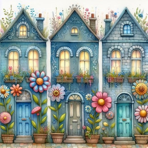 Op de afbeelding: Waterverfillustratie van drie blauwe huizen met bloemdecoraties. Elk huis heeft een verschillend gekleurde deur en grote, kleurrijke bloemen groeien ervoor. De ramen zijn gewelfd en hebben bloembakken. De stijl is grillig en charmant.
