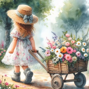 Girl with Flower Cart Clip Art Bundle 10 High Res Watercolor JPGs for Junk Journaling, Scrapbook, Crafts, Digital Download