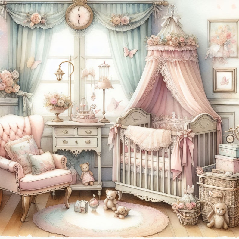 Shabby Chic Baby's Schlafzimmer Clip Art 10 hochauflösende JPGs in Aquarell Farben für Junk Journaling, Scrapbooking, Kartenherstellung, Digital Download Kit Bild 3