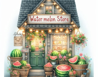 Watermelon Store: 10 High Res Watercolor JPGs, Junk Journaling, Scrapbooking, Card Making, Digital Art, Fantasy, Whimsical