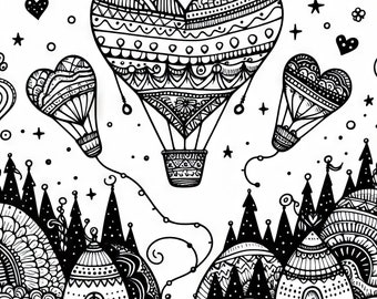 Adult Coloring Pages Whimsical Heart Hot Air Balloons: Clip Art 10