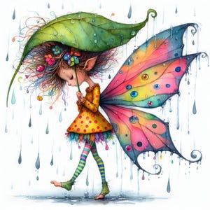 Quirky Rain Fairy Clip Art 10 JPGs aquarela de alta resolução para criação de cartões de scrapbooking, kit de download digital, fantasia caprichosa