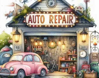 May include: A vintage-style auto repair shop with a red and pink car parked in front. The shop has a sign that says "AUTO REPAIR" with lights. There are tools and parts hanging on the walls and shelves.