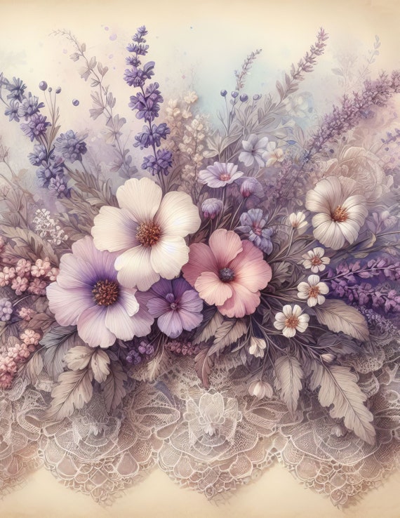 ラベンダーの花とレース：クリップアート、高解像度水彩画JPG10枚