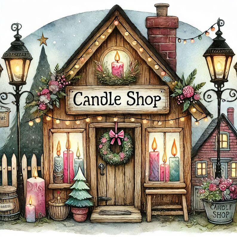 May include: A quaint, wooden candle shop with a sign that reads "Candle Shop". The shop is decorated with twinkling lights, a wreath, and a small Christmas tree. There are candles in the windows and a pink candle on the porch.