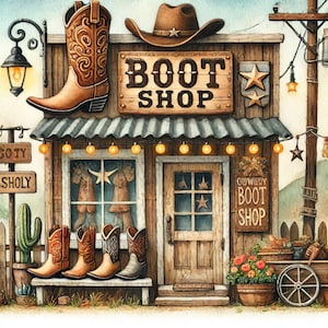 Boot Shop 10 hochauflösende JPGs in Aquarellfarben, Junk Journaling, Scrapbooking, Kartenherstellung, Digital Download, Cowboy, Cowgirl, wunderlich