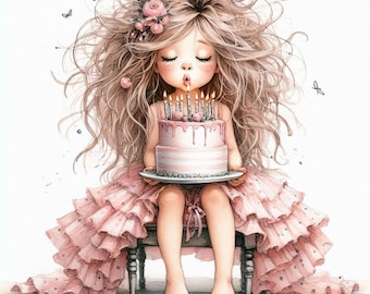 Pink Birthday Wishes: Clip Art 10 High Res Watercolor JPEGs Junk Journaling, Scrapbooking, Card Making, Digital Art, Fantasy, Whimsical