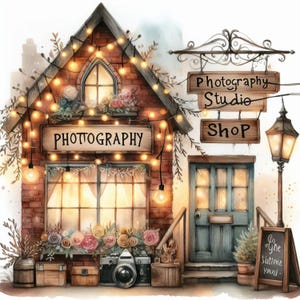 May include: A watercolour illustration of a photography studio shop. The building features a brick facade, fairy lights, and wooden signs reading "Photography Studio Shop." A vintage camera is in the window display, with flowers and wooden crates.