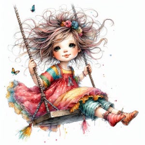 Pacchetto di clip art "Ragazza sull'altalena" 10 JPG ad alta risoluzione in acquerello per diario spazzatura, album, artigianato, download digitale, infanzia, divertimento
