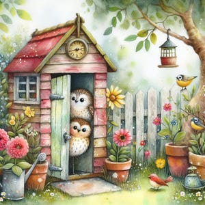 Pájaros que miran fijamente: 10 archivos JPG de acuarela de alta resolución. Diario basura, scrapbooking, creación de tarjetas, descarga digital, fantasía, caprichoso, peculiar.