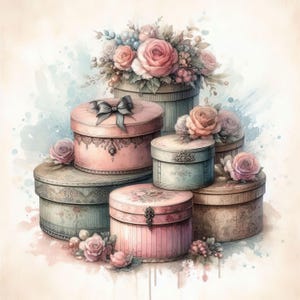 Scatole per cappelli vintage 10 JPG ad alta risoluzione in acquerello Diario spazzatura, creazione di biglietti, download digitale, stravagante, fantasy, arte digitale