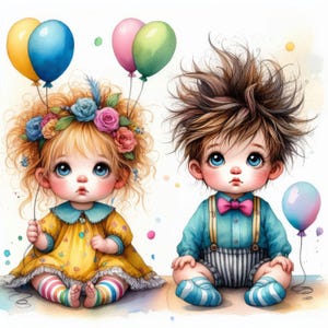 Bébés avec des ballons 10 fichiers JPG aquarelle haute résolution pour la journalisation indésirable, scrapbooking, fabrication de cartes, téléchargement numérique, fantastique, fantaisiste