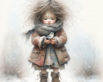 Snow Girl with Bird: Clip Art, 10 High Res Watercolor JPGs, Junk Journaling, Scrapbooking, Card Making, Digital Art, Whimsical, Fantasy