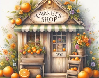 Loja Oranges: 10 imagens JPG em aquarela de alta resolução, para diários de arte, scrapbooking, criação de cartões, arte digital, fantasia e elementos lúdicos.
