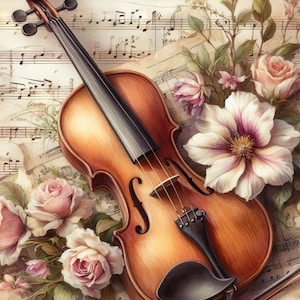 May include: A vintage violin with a brown wooden body and black strings rests on a sheet of music with floral accents. The violin is surrounded by pink and white roses and a large white flower with a purple center.