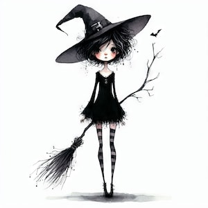 Quirky Witch in Black: Clip Art, 10 High Res Watercolor JPGs, Junk Journaling, Scrapbooking, Card Making, Digital Art, Fantasy, Whimsical