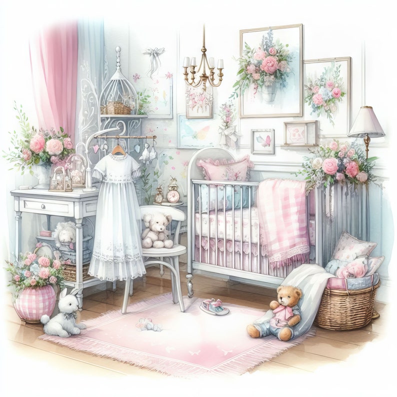 Shabby Chic Baby's Bedroom Clip Art 10 High Res Watercolor JPGs for Junk Journaling, Scrapbooking, Card Making, Digital Download Kit image 5