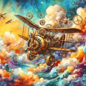 Steampunk Flugzeug 10 hochauflösende Aquarell JPGs Junk Journaling, Kartenherstellung, digitaler Download, wunderlich, Fantasy, digitale Kunst