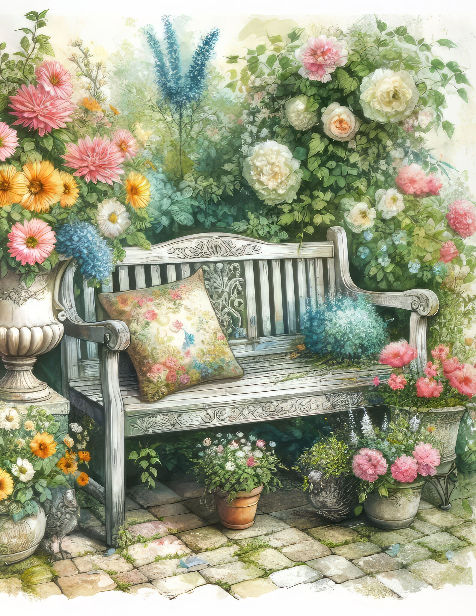 Garden Bench: 10 High Res Watercolor Jpgs, Junk Journaling, Scrapbook ...