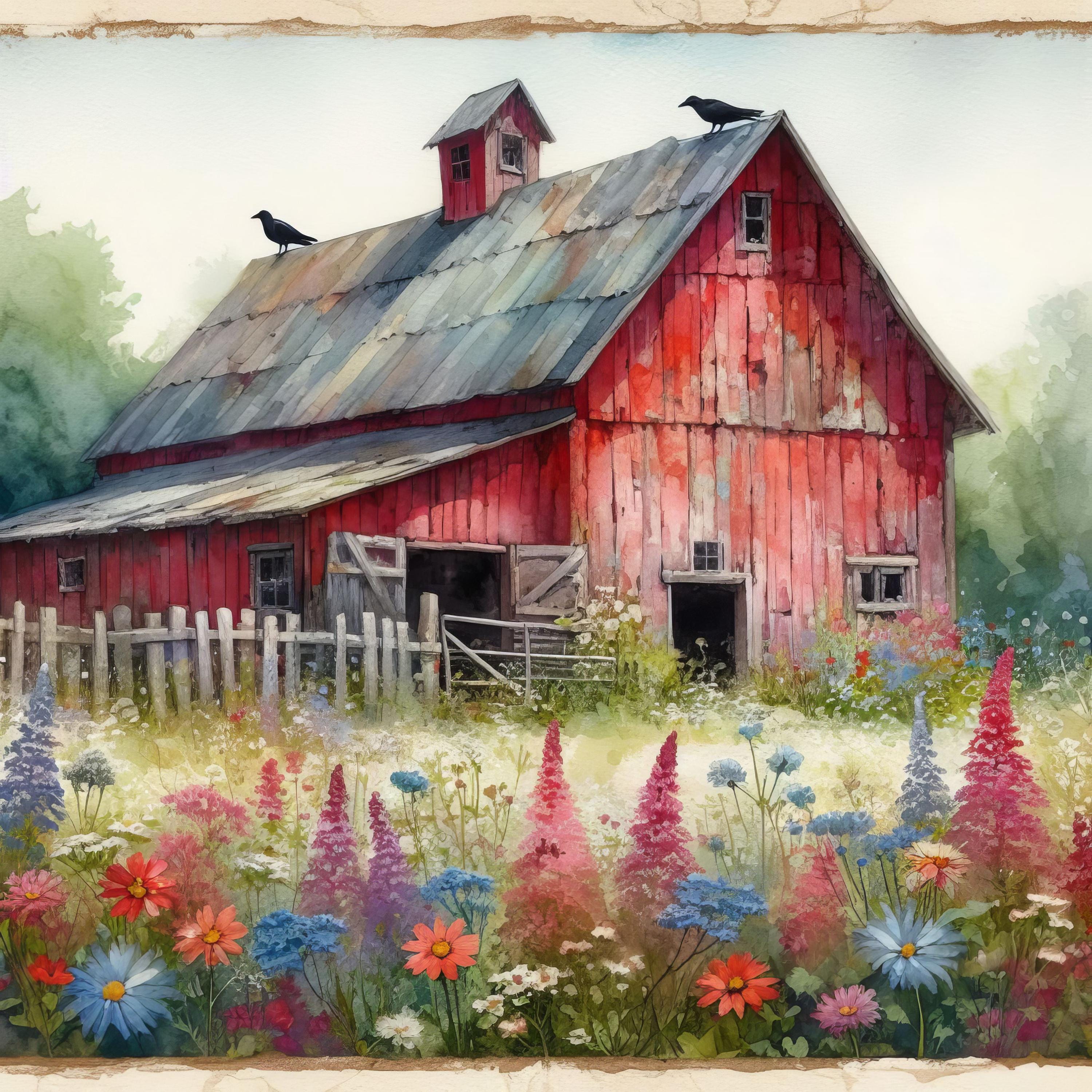 Red Barn With Crows: Clipart, 10 High Res Watercolor Jpgs, Junk ...