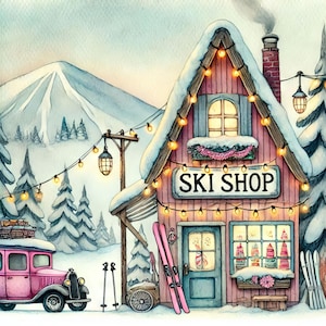 Ski Shop 10 High Res Watercolor JPGs Junk Journaling, Scrapbooking, Card Making, Digital Download Kit, Fantasy, Whimsical