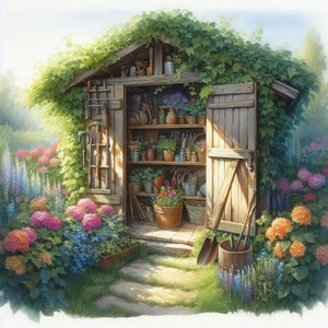 Rustic Garden Shed Clip Art 10 High Res Watercolor Jpgs for Junk