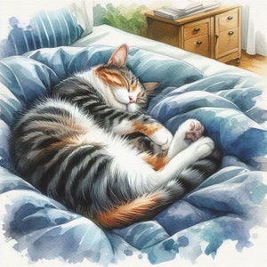 以下が含まれることがあります： 黒、白、オレンジの毛並みの三毛猫が青と白のベッドで眠っています。猫は丸まって、頭を足の上に置いています。