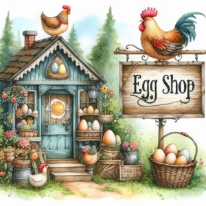 Tienda de huevos de gallina 10 archivos JPG de acuarela de alta resolución Diario basura, Scrapbooking, Fabricación de tarjetas, Kit de descarga digital, Fantasía, Caprichoso