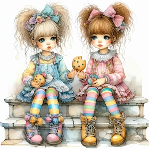 May include: Two young girls with long, curly hair are sitting on a set of stairs. They are both wearing colorful striped tights and dresses. One girl is holding a cookie in her hand, while the other girl is holding a cookie in her other hand. They are both smiling.