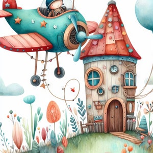 May include: A whimsical illustration of a blue and red airplane flying over a colorful, wooden house with a red roof. The airplane has a pilot wearing a blue hat and goggles. The house has a door, windows, and a clock. The scene is set against a white background with green grass and flowers.