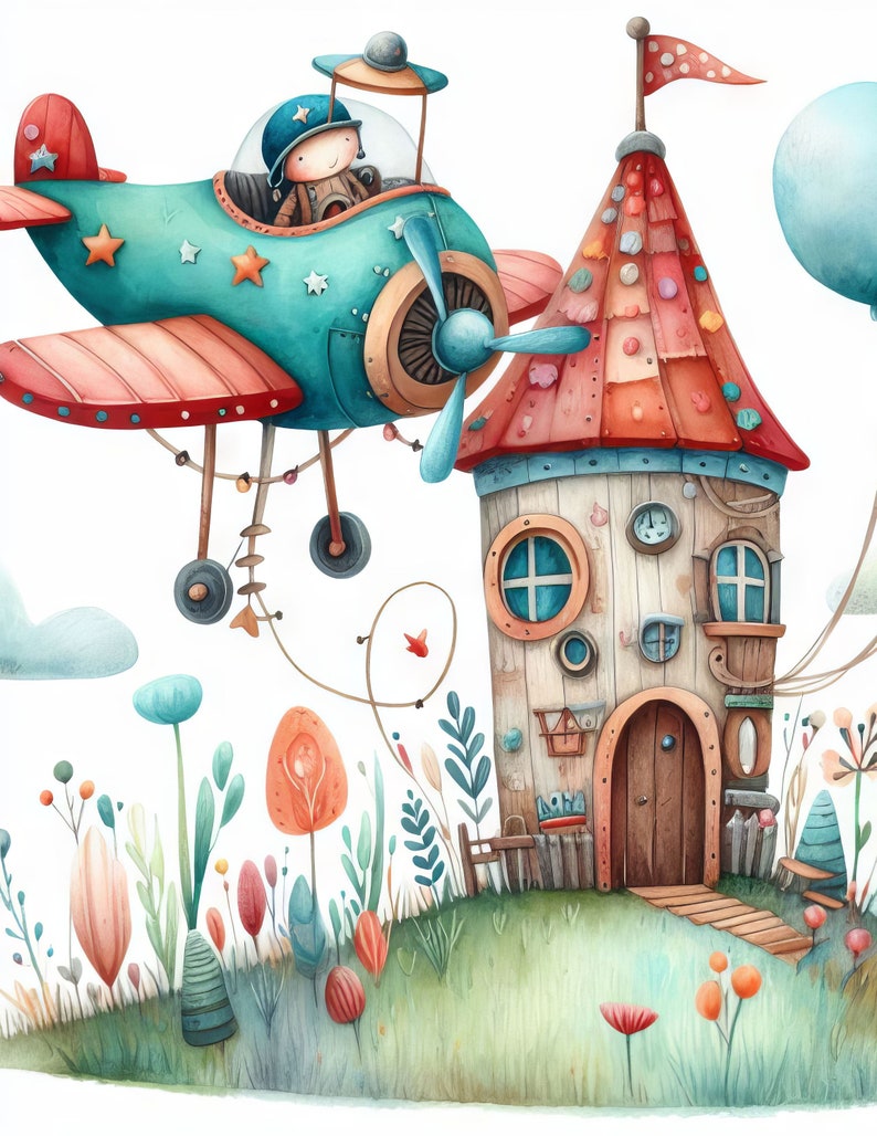 May include: A whimsical illustration of a blue and red airplane flying over a colorful, wooden house with a red roof. The airplane has a pilot wearing a blue hat and goggles. The house has a door, windows, and a clock. The scene is set against a white background with green grass and flowers.