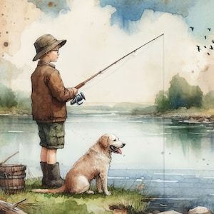 Puede incluir: Una pintura de acuarela de un joven con un sombrero y sosteniendo una ca&ntilde;a de pescar. Un perro golden retriever se sienta a su lado en la orilla de un r&iacute;o. El cielo es azul con nubes blancas y hay p&aacute;jaros volando en la distancia.