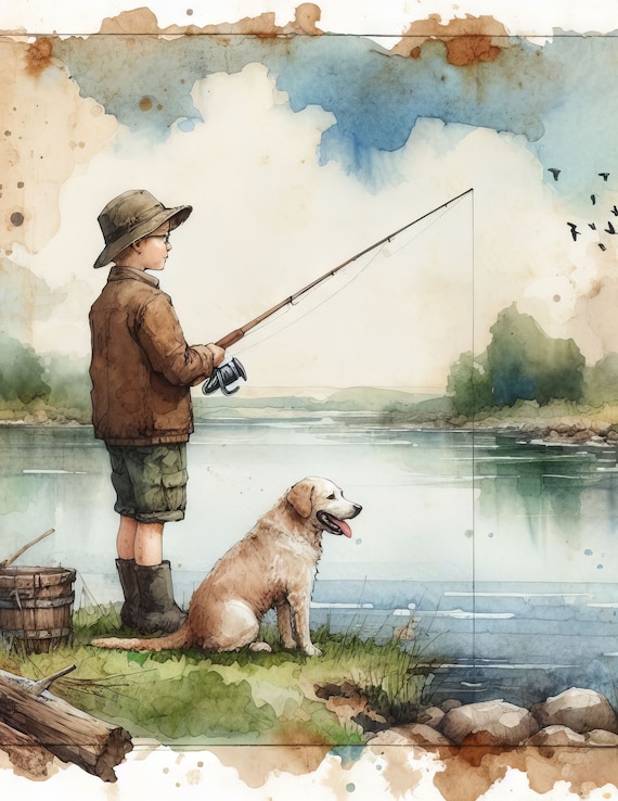 Young Boy Fishing: Clip Art, 10 High Res Watercolor JPGs, Junk Journaling, Scrapbook, Crafts, Digital Art