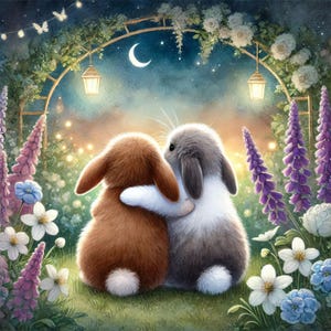 Coniglietti al crepuscolo 10 JPG ad alta risoluzione in acquerello, diario spazzatura, creazione di biglietti, download digitale, San Valentino, fantasia stravagante, anniversario