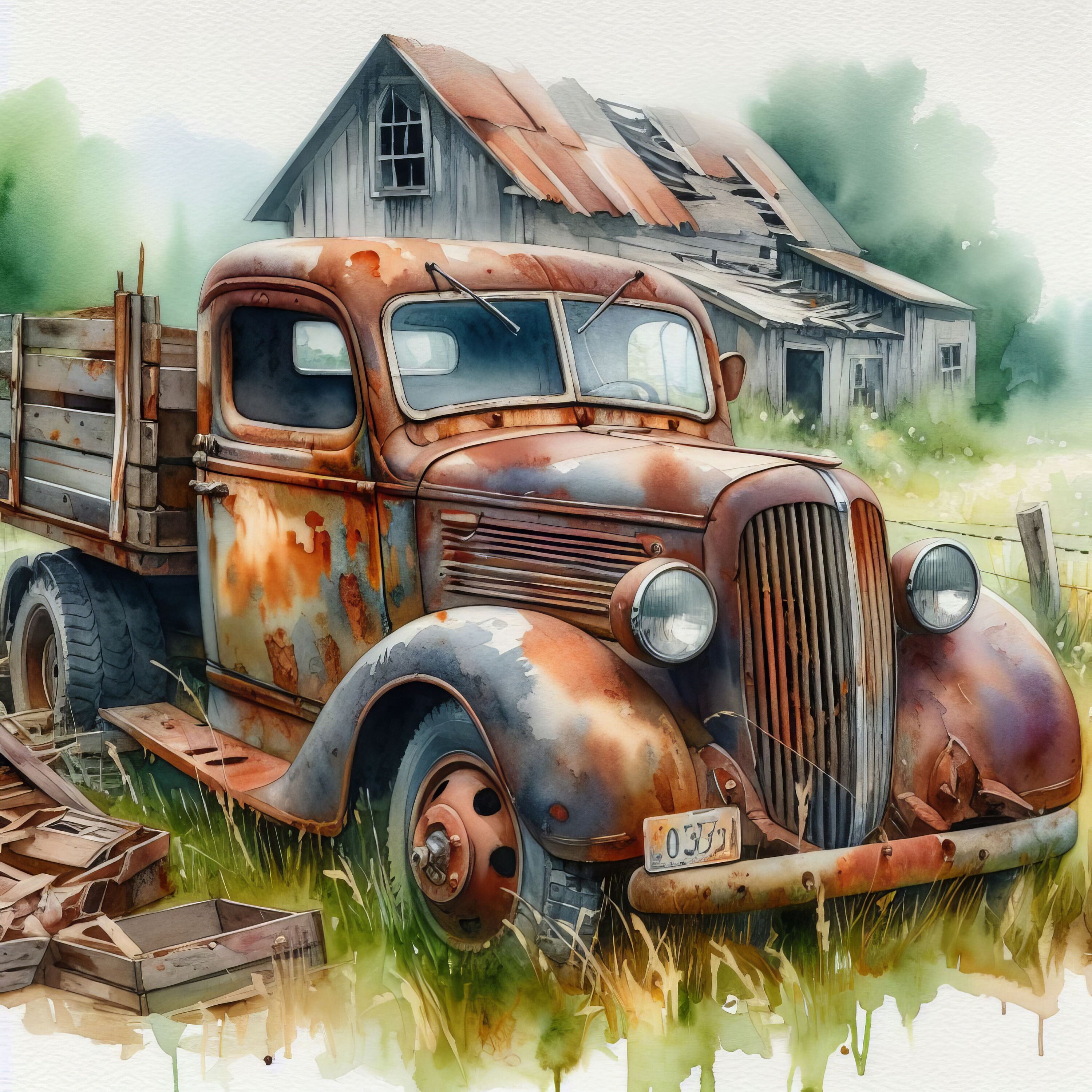 Old farm truck clip art 10 high res watercolor jpgs for junk journaling