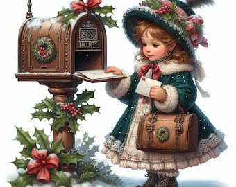 May include: A vintage illustration depicts a young person in a winter coat and hat, placing a letter in a mailbox. The mailbox is decorated with holly and a red bow. The person is also holding a letter and a brown satchel.