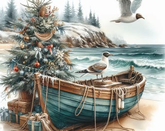 Coastal Christmas Clipart 10 High Res Watercolor JPGs Junk Journaling, Scrapbooking, Card Making, Digital Art, Beach, Whimsical