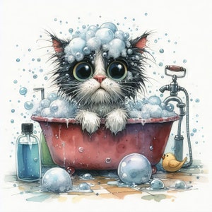 Clipart de chat énervé dans le bain moussant 10 JPG aquarelles haute résolution, journal indésirable, scrapbooking, fabrication de cartes, téléchargement numérique, chat original