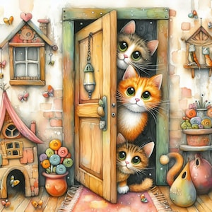 Peeking Cats 10 fichiers JPG aquarelle haute résolution Journalisation indésirable, scrapbooking, fabrication de cartes, téléchargement numérique, fantastique, fantaisiste, original