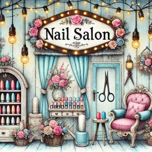 Nail Salon Clip Art 10 JPG ad alta risoluzione per acquerelli Junk Journaling, Scrapbooking, Creazione di biglietti, Download digitale, Stravagante, Fantasy